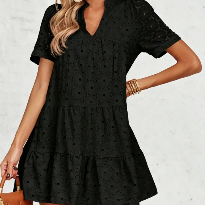 Elegant Eyelet Embroidered V-Neck Mini Dress