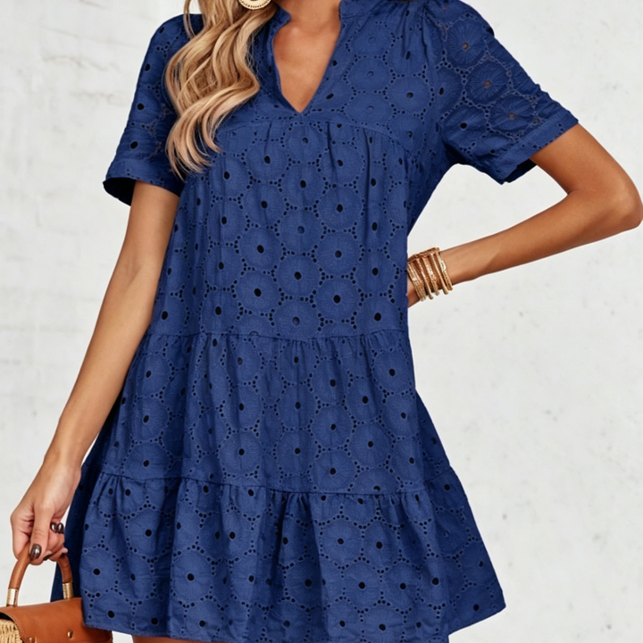 Elegant Eyelet Embroidered V-Neck Mini Dress