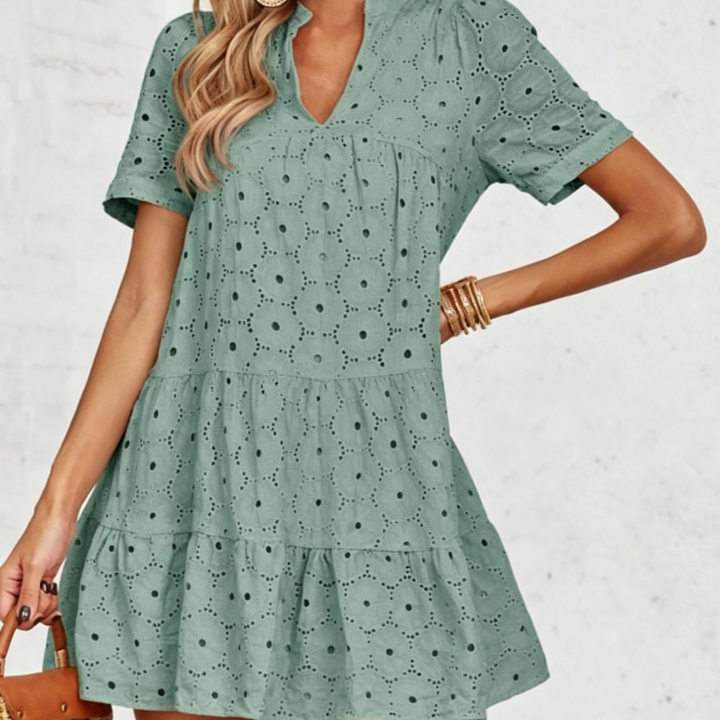 Elegant Eyelet Embroidered V-Neck Mini Dress
