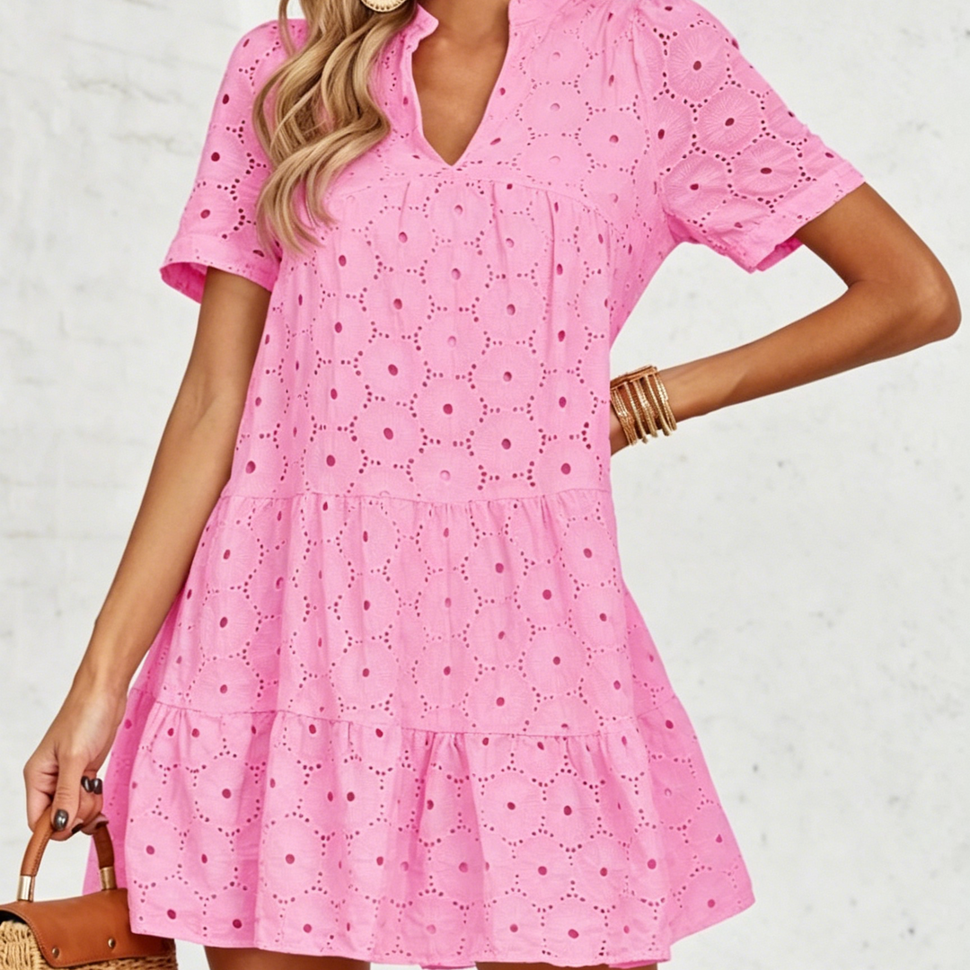 Elegant Eyelet Embroidered V-Neck Mini Dress