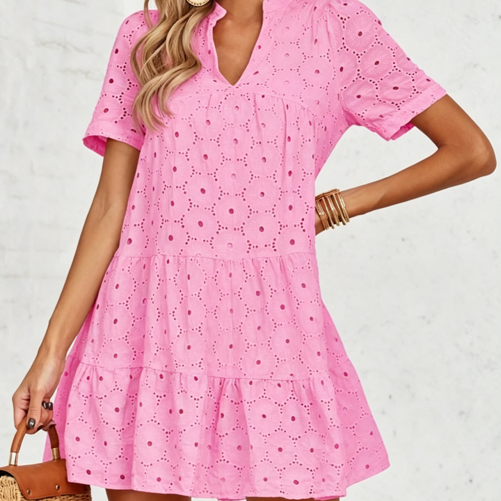 Elegant Eyelet Embroidered V-Neck Mini Dress