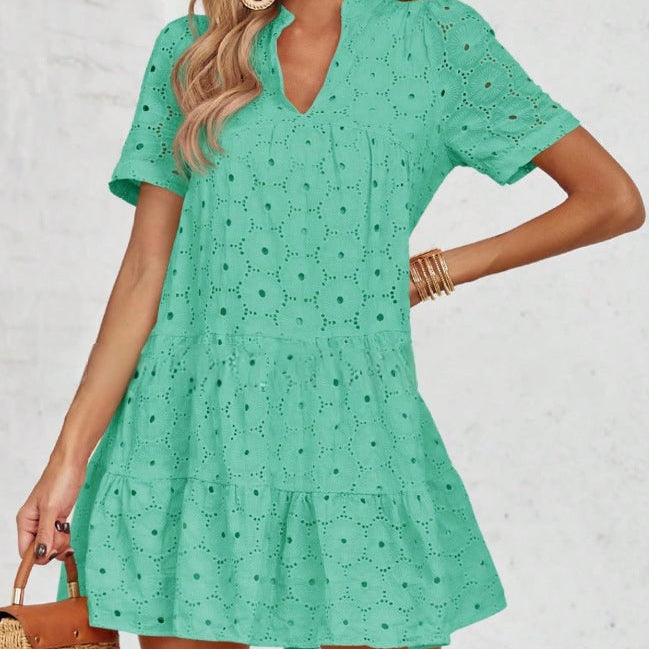 Elegant Eyelet Embroidered V-Neck Mini Dress