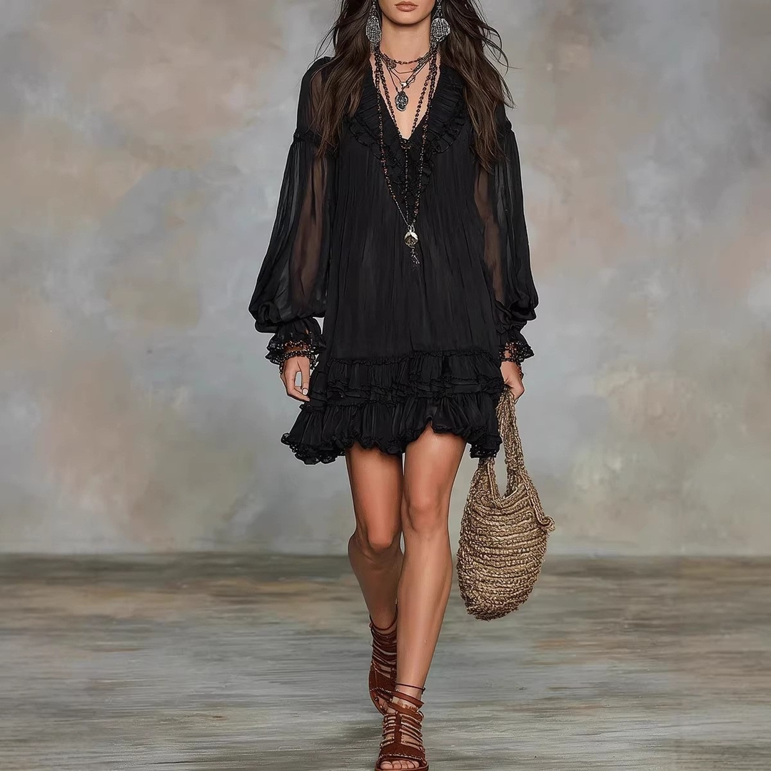 V-neck lace ruffle chiffon mini dress
