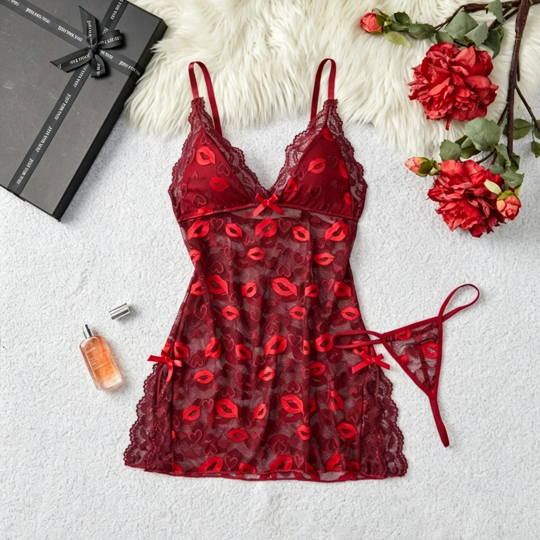 Sheer Mesh Ruffle Trim Slip Lingerie Set