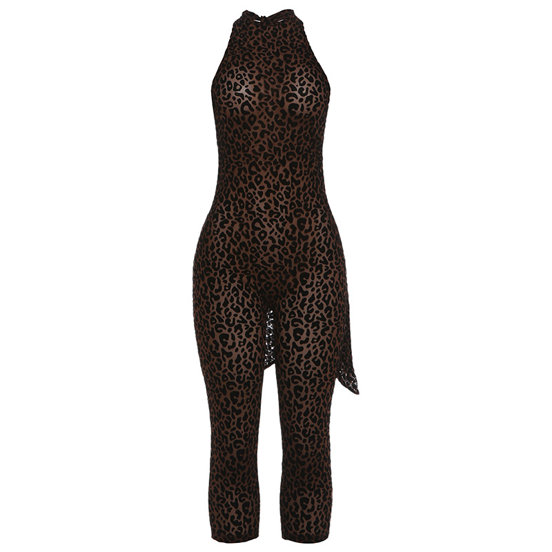Women’s Leopard Print Bodycon Jumpsuit – Backless Design