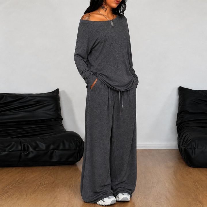 Off-shoulder wide-leg casual set