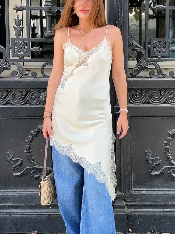 Asymmetrical Satin Lace Midi Dress