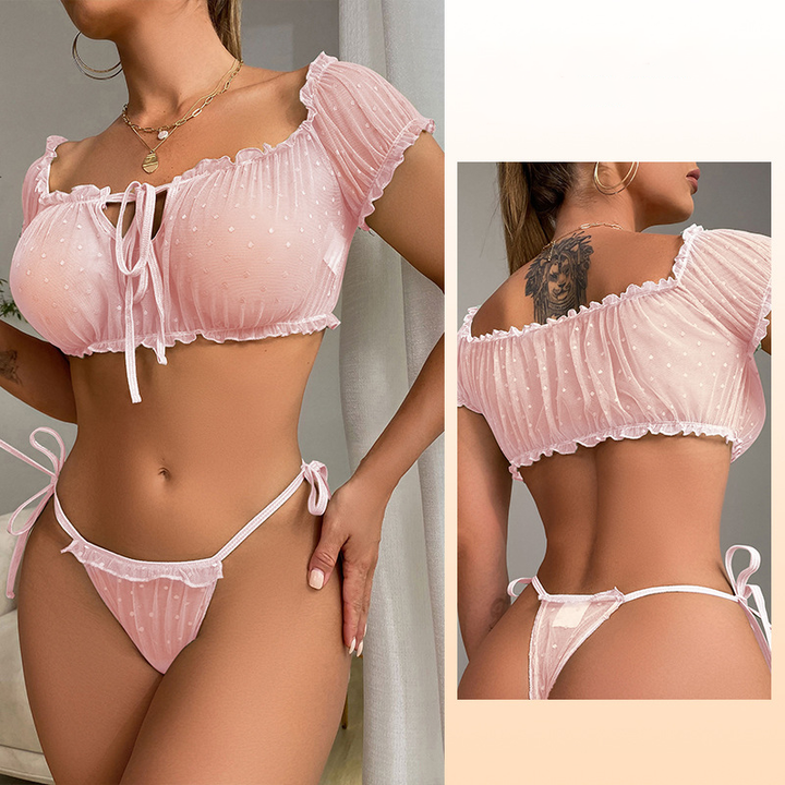 Women’s Polka Dot Mesh Lingerie Set – Off-Shoulder Style