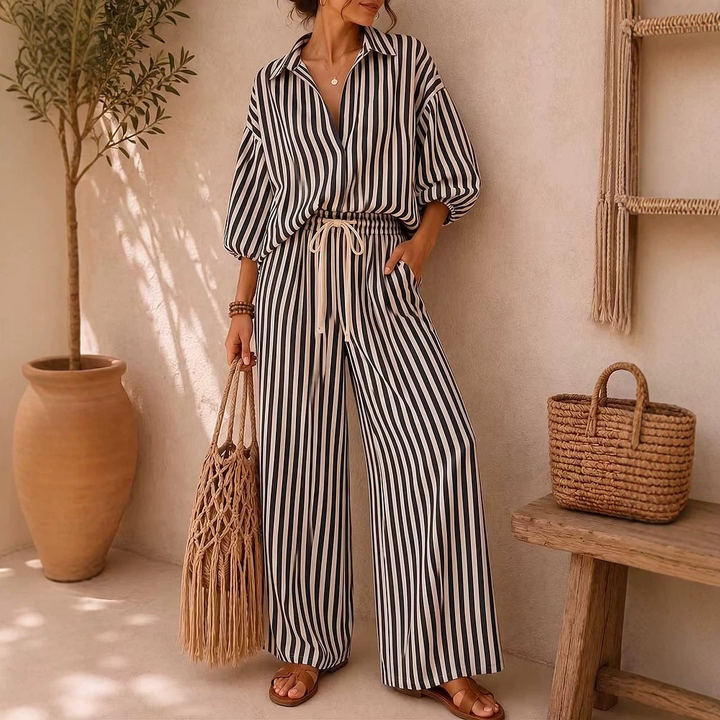French Striped Shirt Wide Leg Pants Set