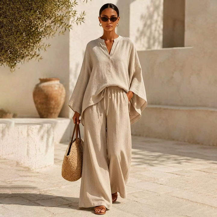 Batwing Sleeve V-Neck Top &amp; Wide Leg Pants Set