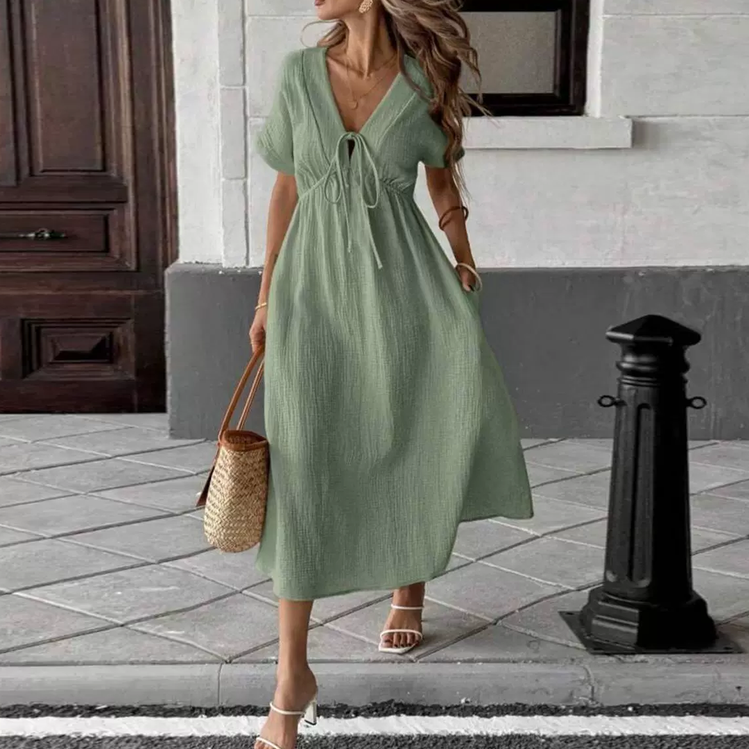 Elegant Cotton Gauze Tie-Front Midi Dress