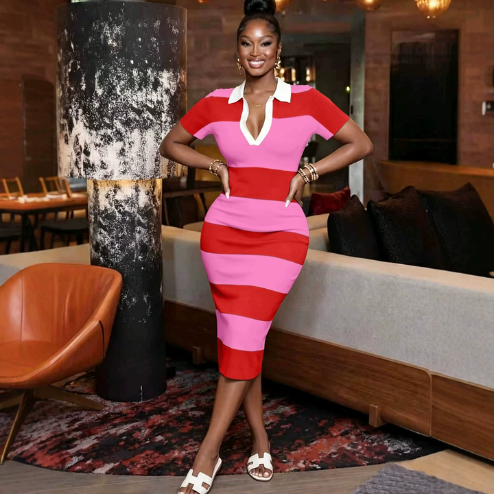 Elegant Striped Polo Knit Midi Dress