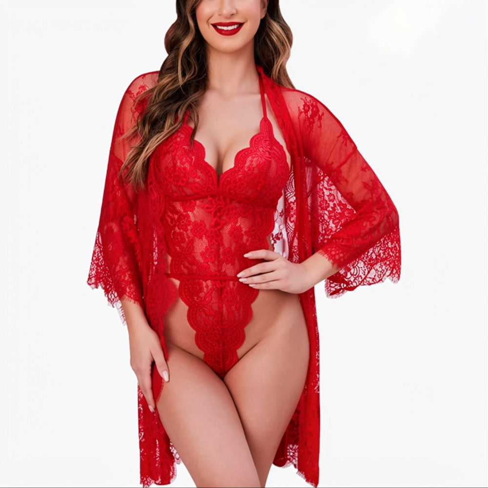 Women’s 3-Piece Lace Lingerie Set – Kimono Robe