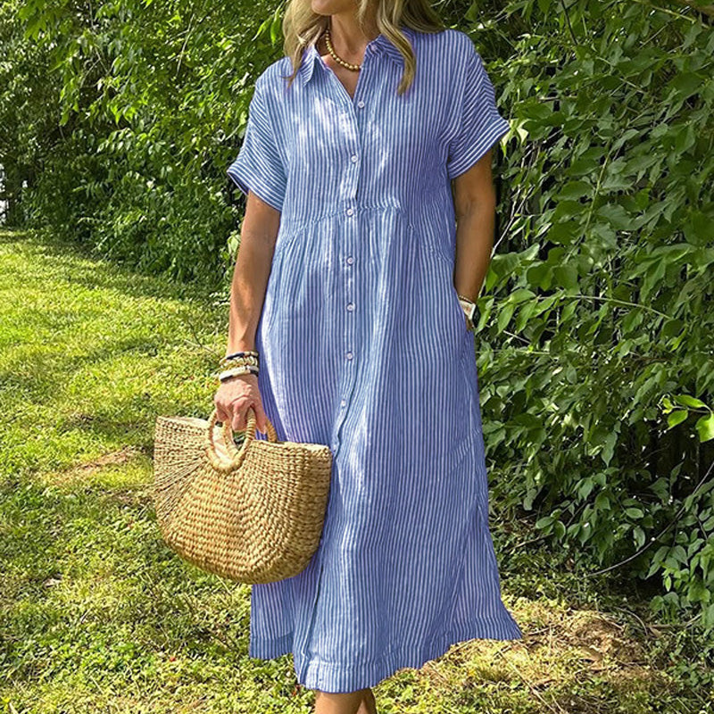 Relaxed Striped Cotton Linen Shirt Dress