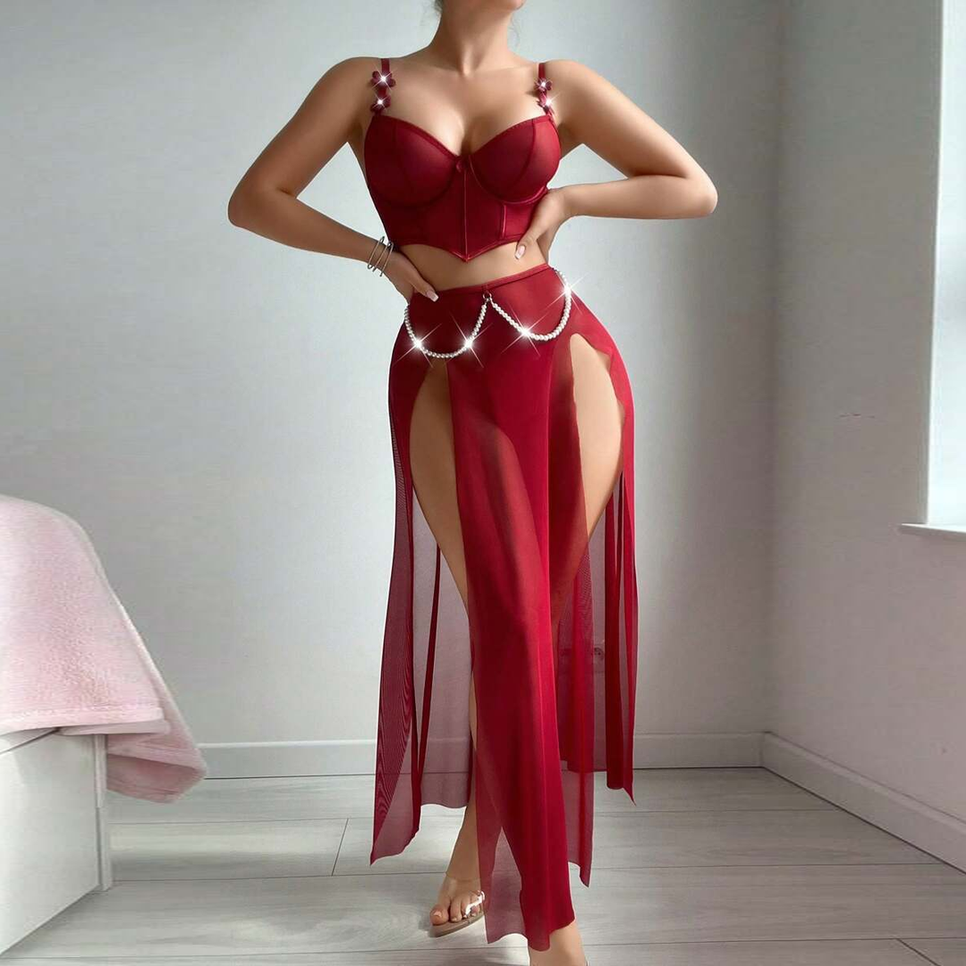 Plus Size Sheer Mesh Slit Lingerie Dress with Underwire Cups