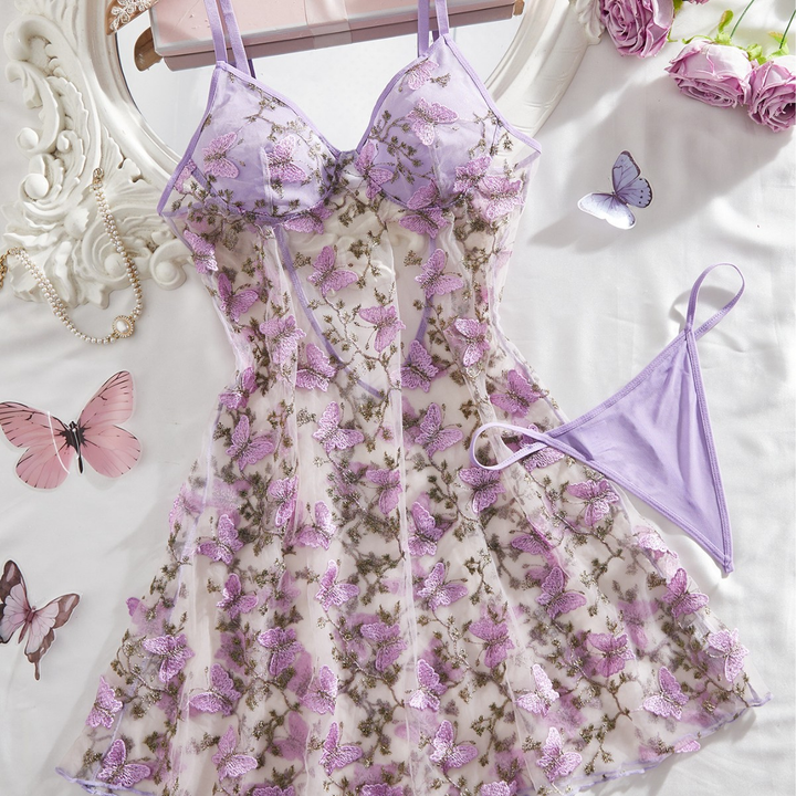 Women’s Butterfly Embroidered Nightdress Set – 2-Piece