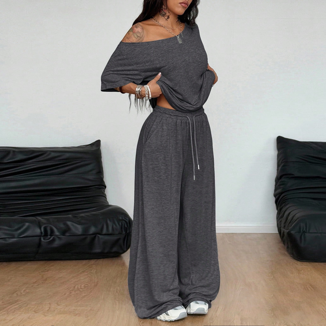 Off-shoulder wide-leg casual set