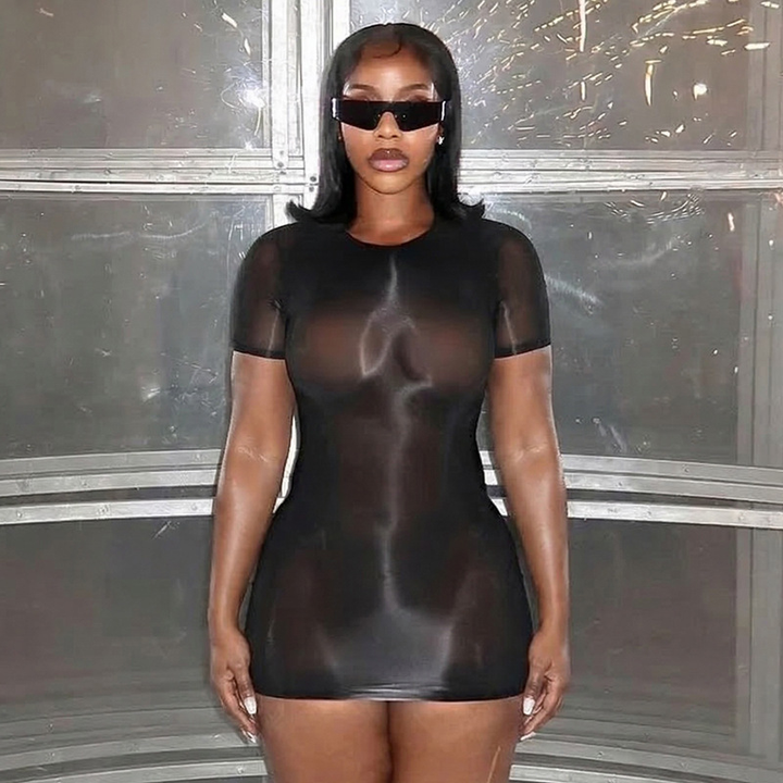 Women’s Sheer Bodycon Mini Dress – Short Sleeve