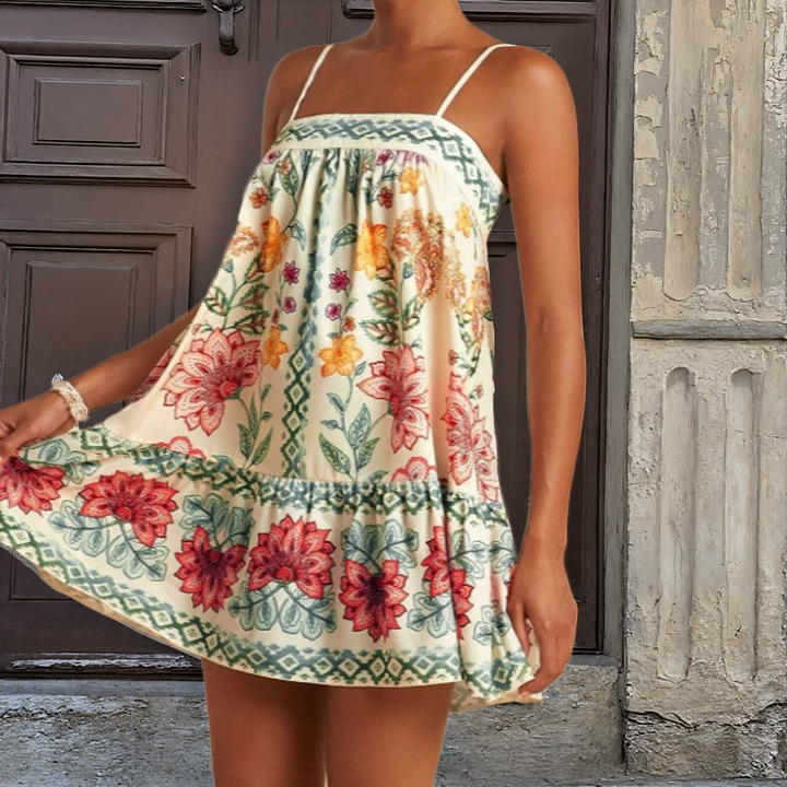 Boho Floral Print Spaghetti Strap Mini Dress