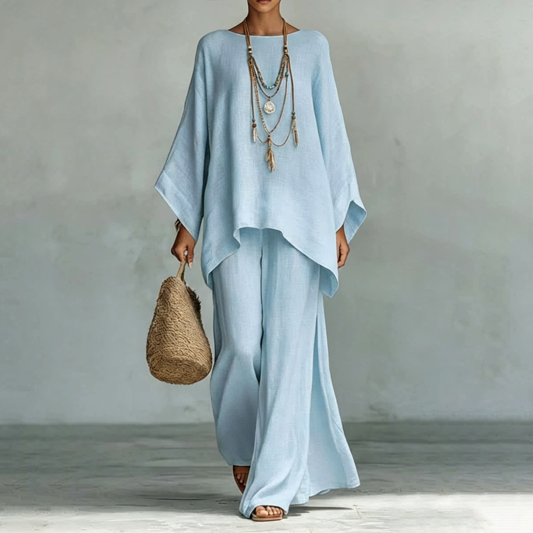 Elegant Linen Blend Top &amp; Wide Leg Pants Set