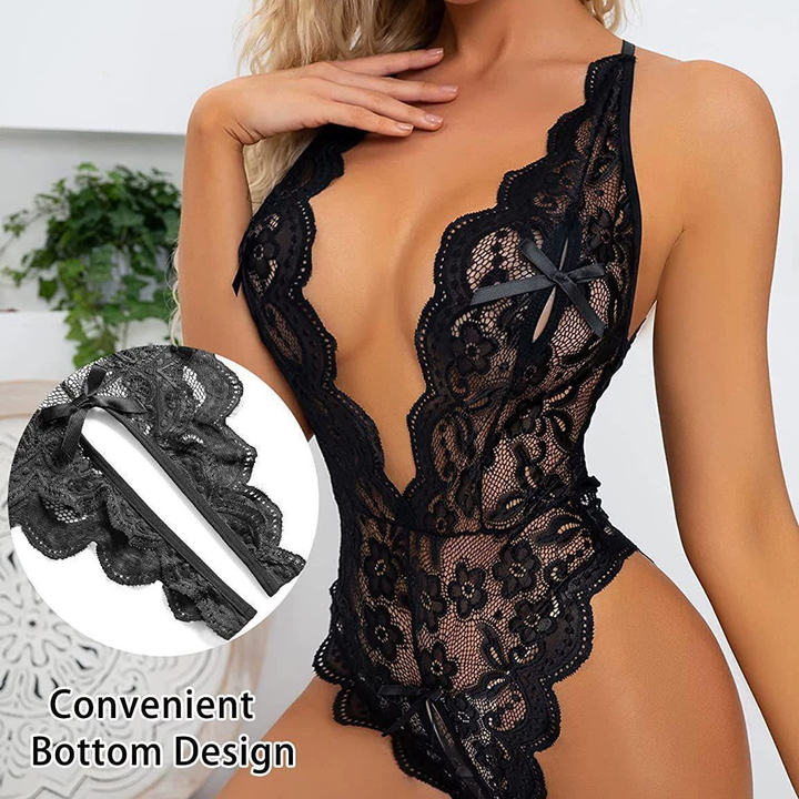 Deep V-neck floral lace bodysuit