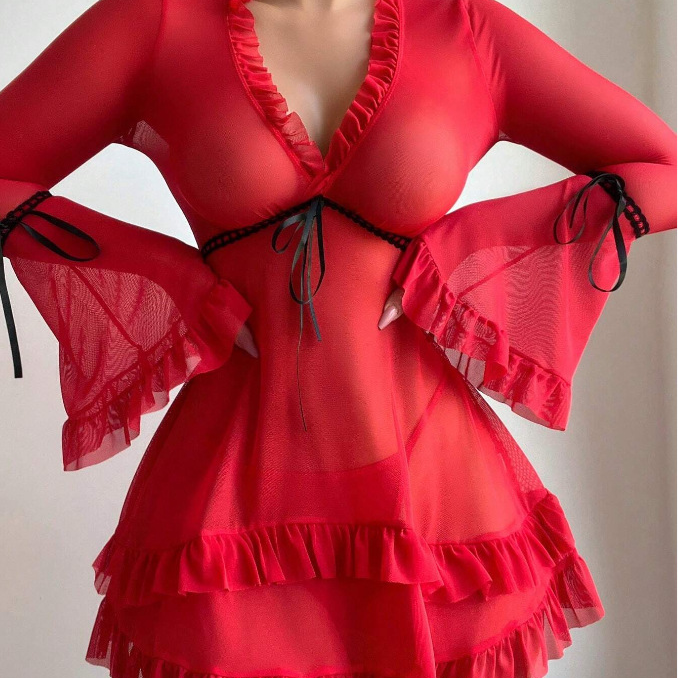 Women’s Lace Mesh Polka Dot Babydoll Lingerie Set