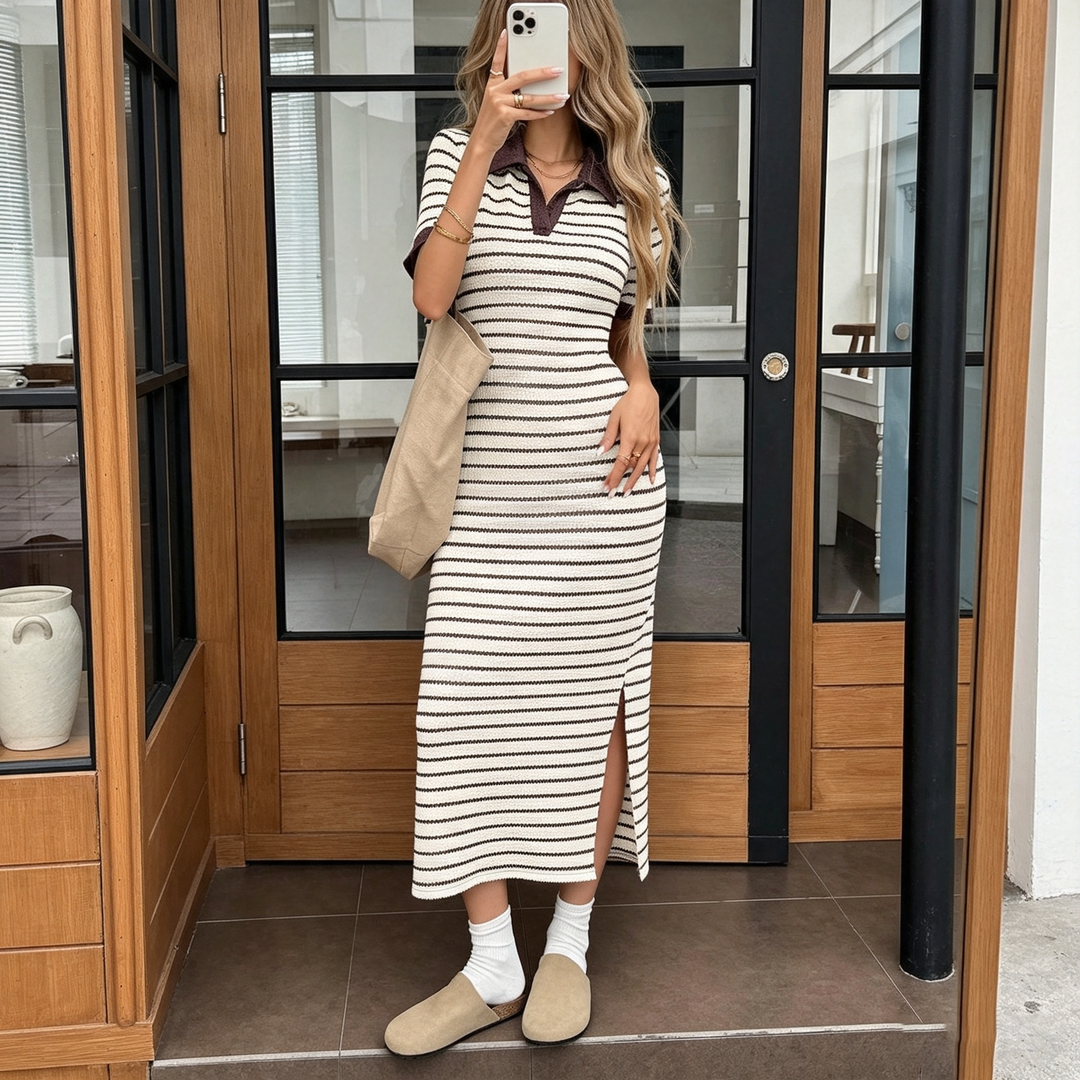 Elegant Striped Polo Knit Midi Dress