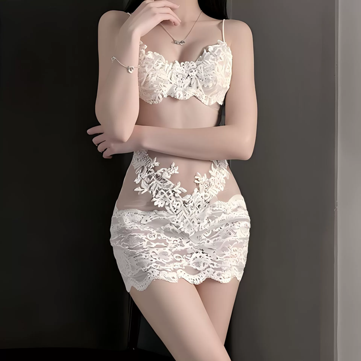 Sheer Lace Embroidered Bodycon Slip Nightdress