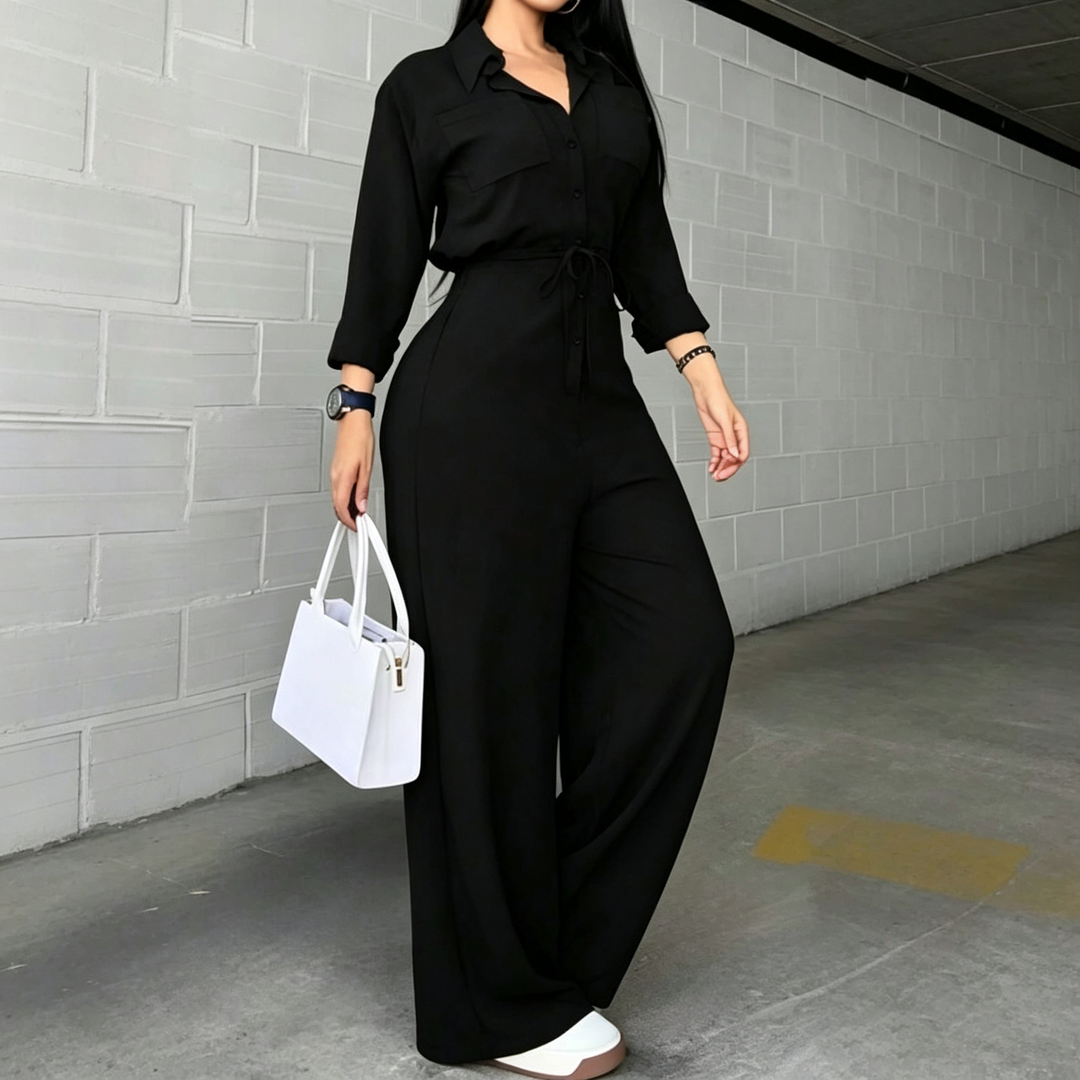 Women’s Collared Jumpsuit – Wide Leg &amp; Belted Waist
