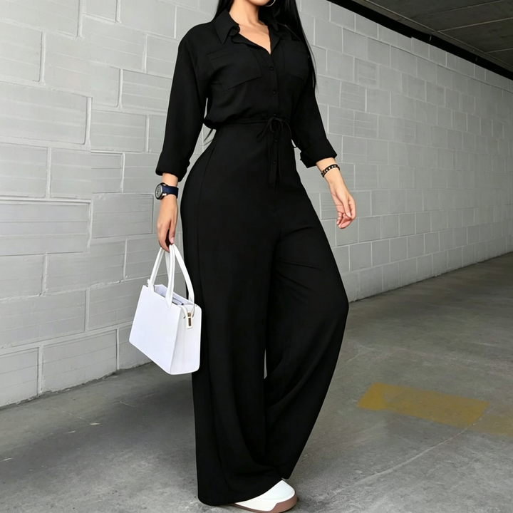 Women’s Collared Jumpsuit – Wide Leg &amp; Belted Waist