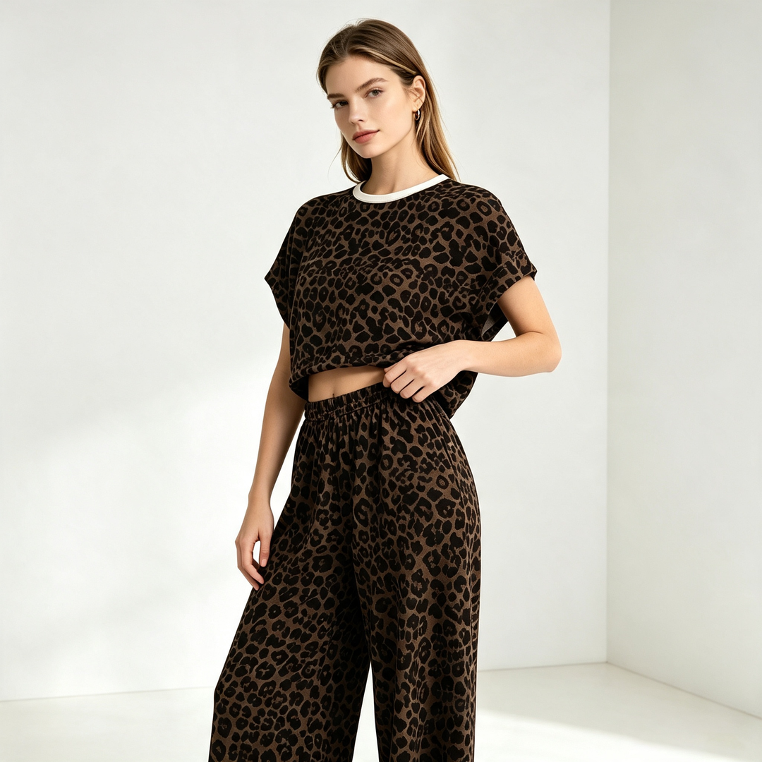 Leopard print short-sleeved wide-leg pants loungewear set