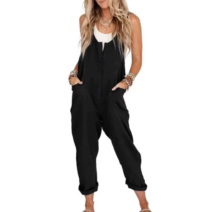 cotton and linen blend sleeveless loose jumpsuit