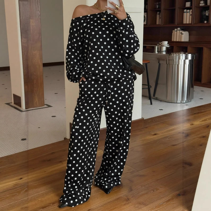 Polka dot off-shoulder long-sleeved drawstring set