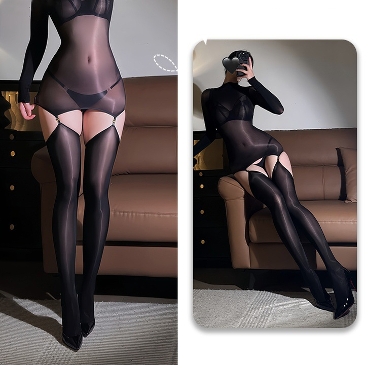 Women’s Glossy Sheer Bodysuit – Detachable Garter Detail