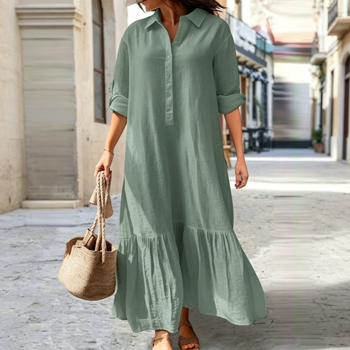 Linen Blend Tiered Shirt Maxi Dress