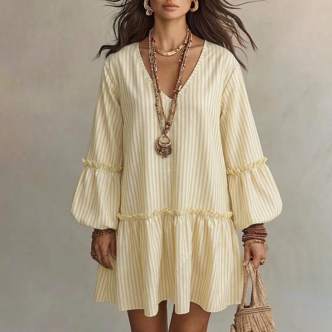 Elegant Striped Puff Sleeve Dress