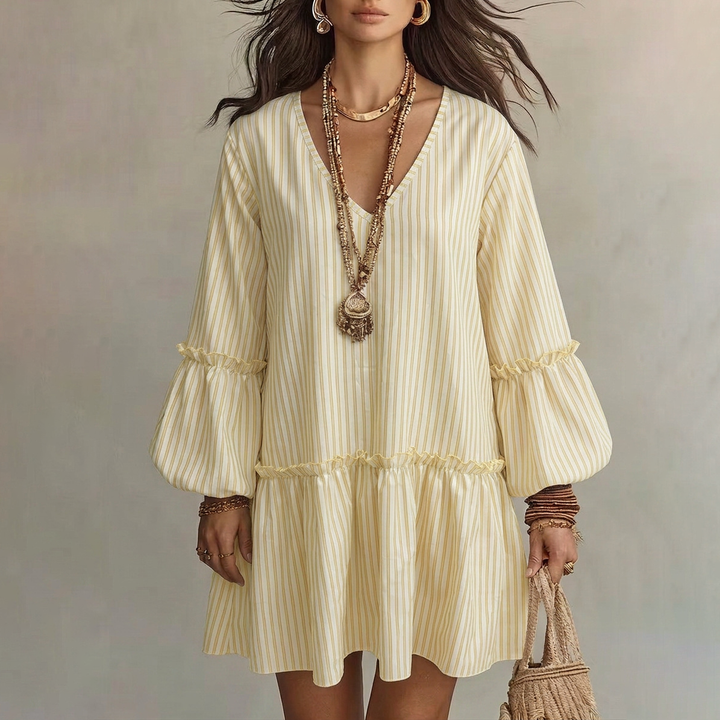 Elegant Striped Puff Sleeve Dress