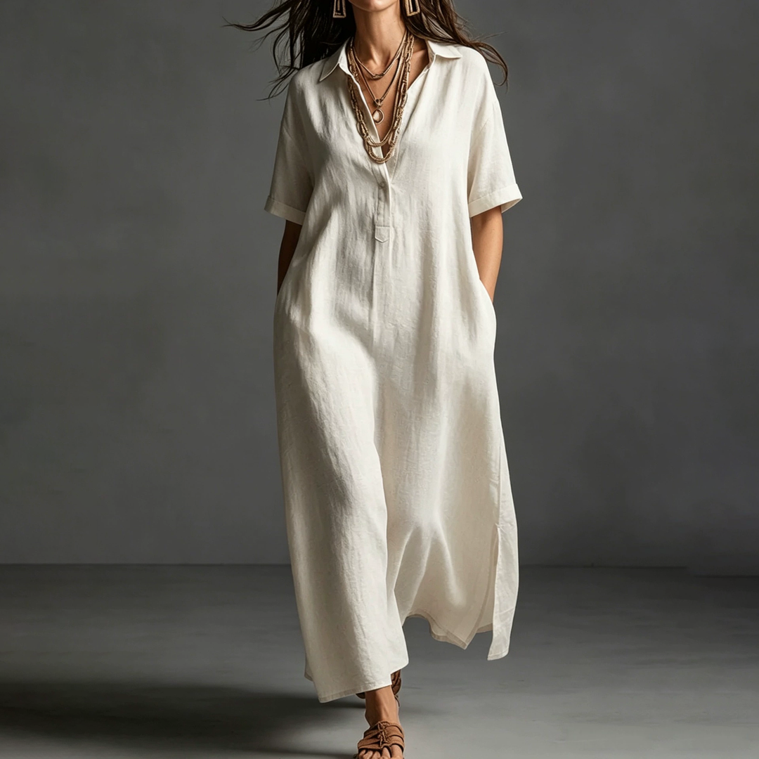 Linen Blend Collared Maxi Dress