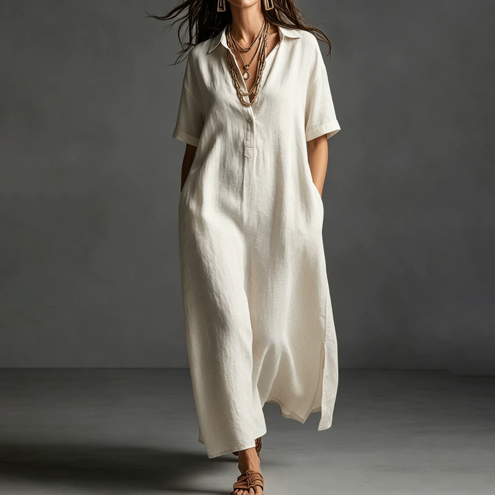 Linen Blend Collared Maxi Dress