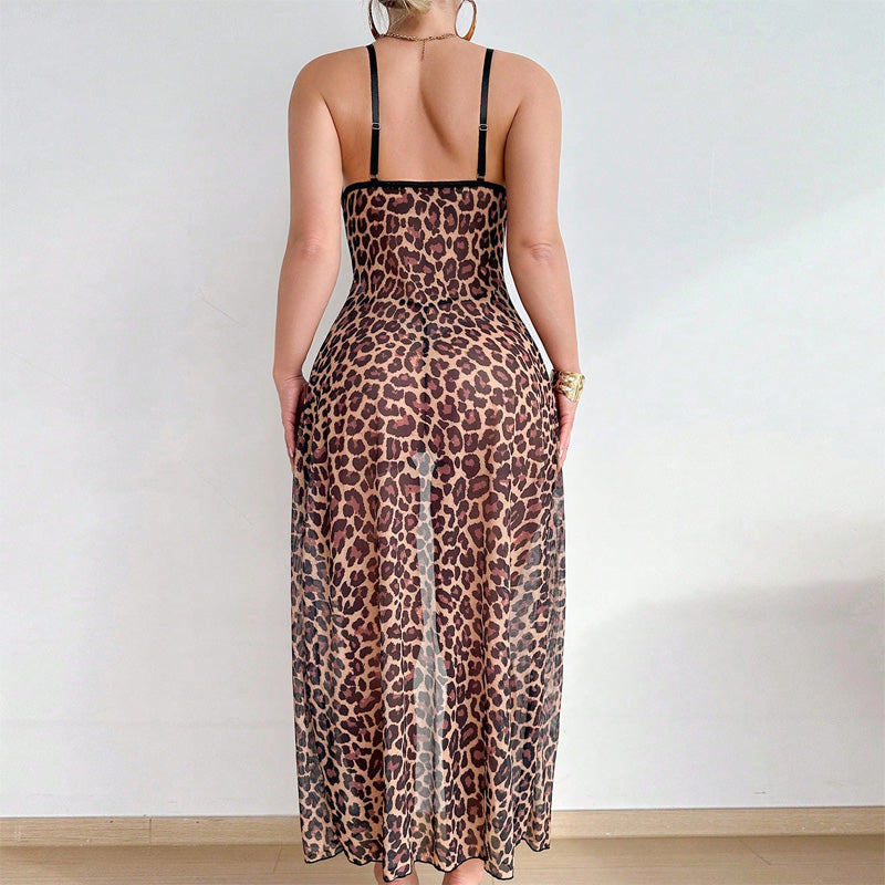 Leopard print see-through long skirt thong pajamas two-piece set
