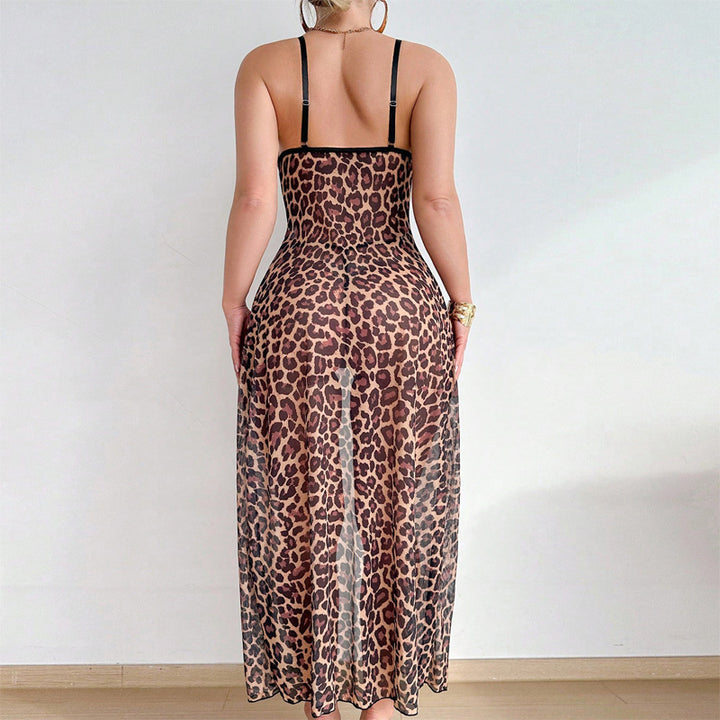 Leopard print see-through long skirt thong pajamas two-piece set
