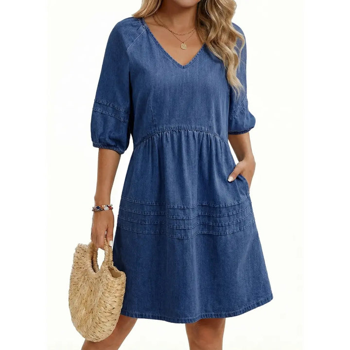 V-Neck Puff Sleeve Chambray Denim Dress