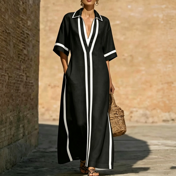 Contrast Trim Collared Maxi Dress