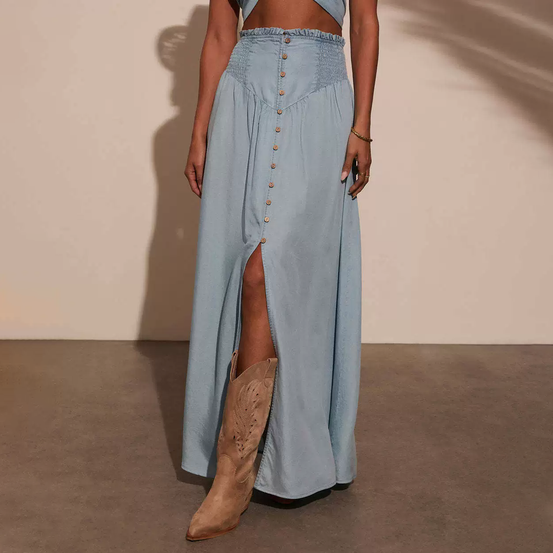 Smocked Button-Front Maxi Skirt