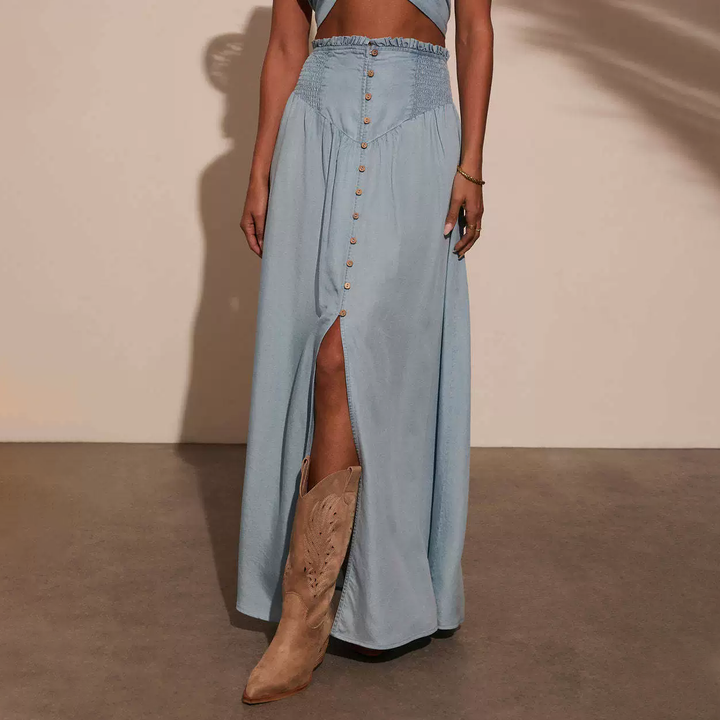 Smocked Button-Front Maxi Skirt