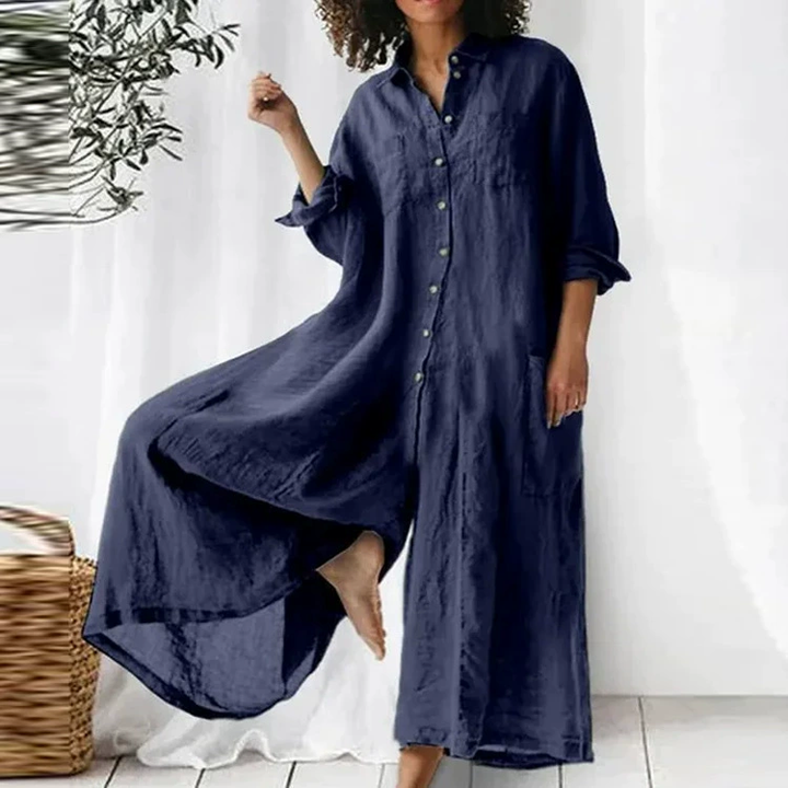 Linen Blend Long Sleeve Shirt Jumpsuit