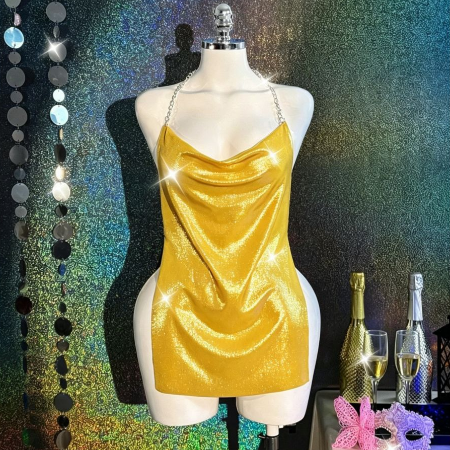 Women’s Metallic Chain Halter Mini Dress