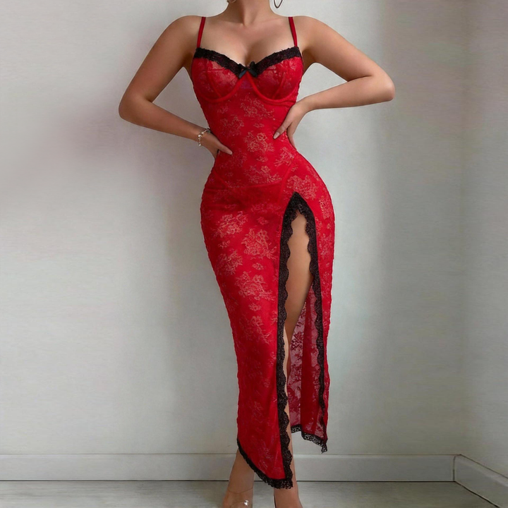 Women’s Sheer Lace Maxi Dress – Side Slit