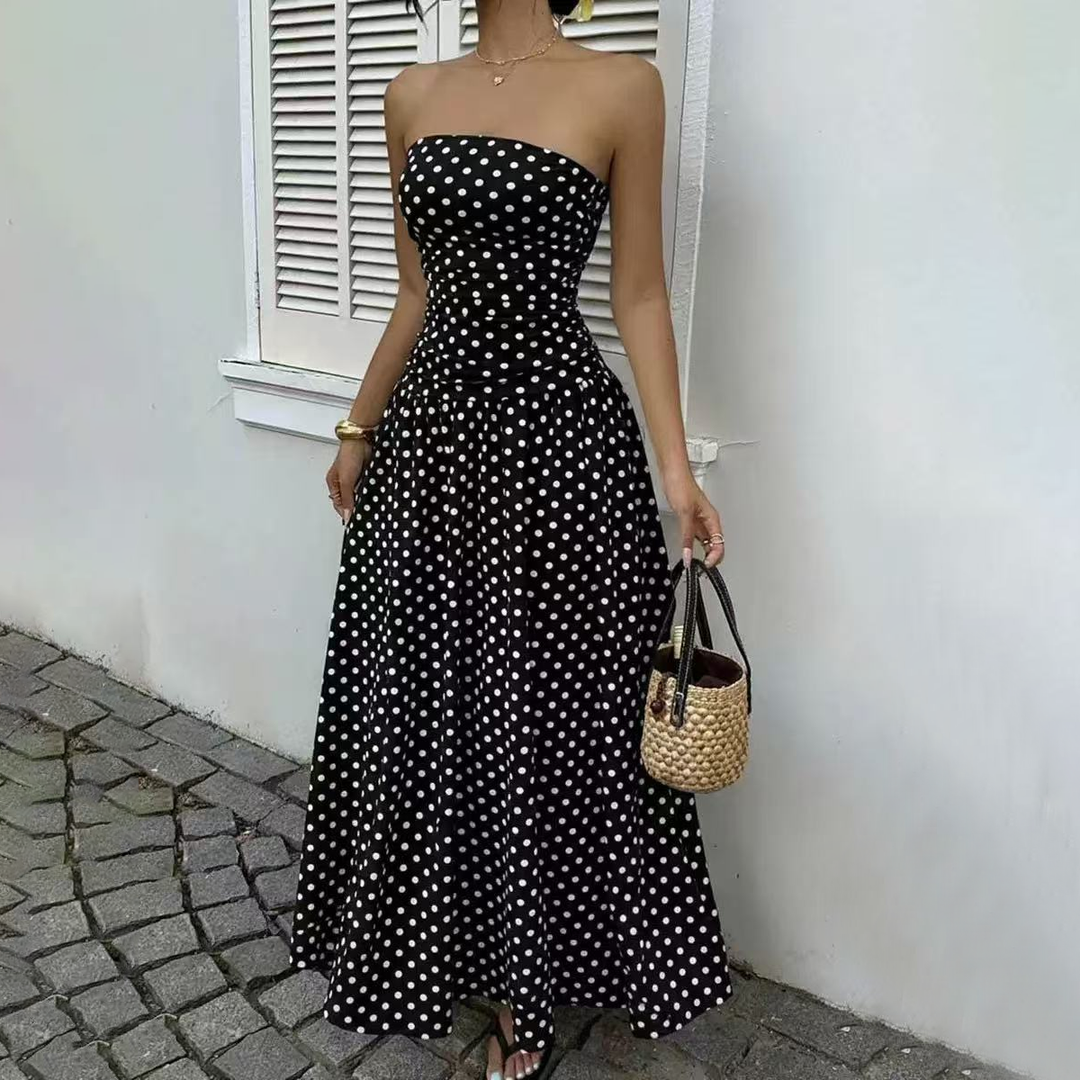 Strapless Polka Dot A-Line Maxi Dress