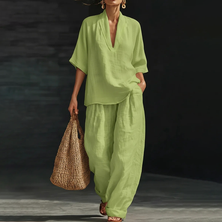 Linen Blend V-Neck Wide Leg Lounge Set